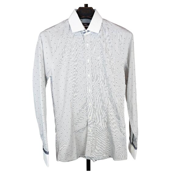 Calibre Men’s Long-Sleeved Dress Shirt – White Collar & Cuffs, Grey Line Pattern - Picture 1 of 8